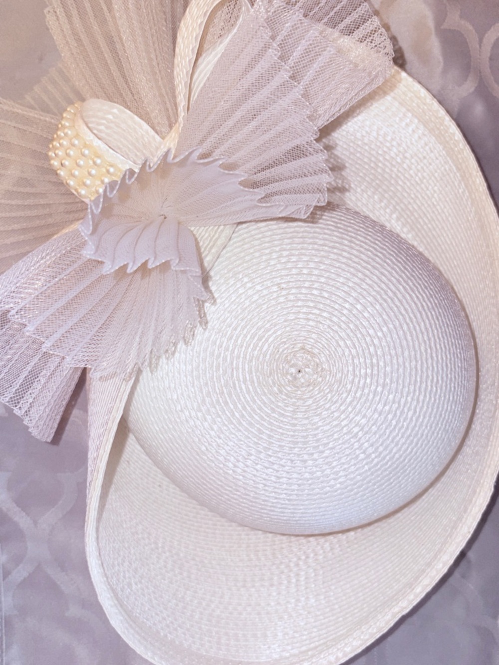 Jezebel Ivory Straw Dress Hat with Tulle Bow and Pearl Accent